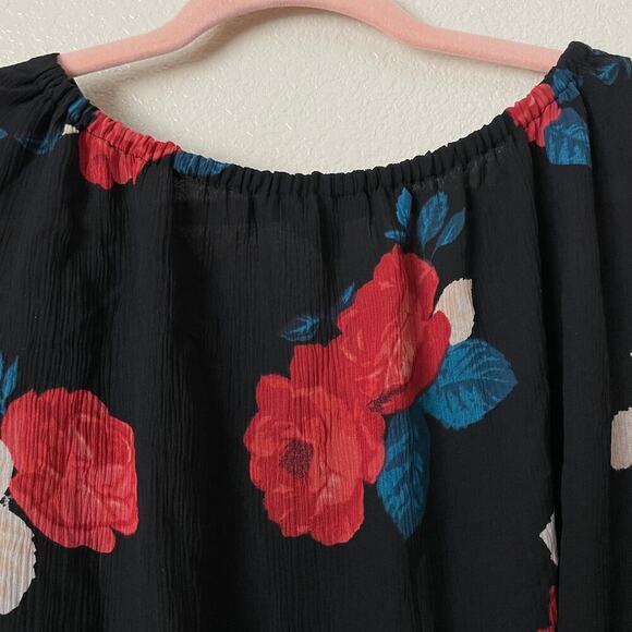 Club Monaco Top Womens XS Black Silk Floral Wrap Tie Bell Sleeve Darlana Vamp - Picture 10 of 14